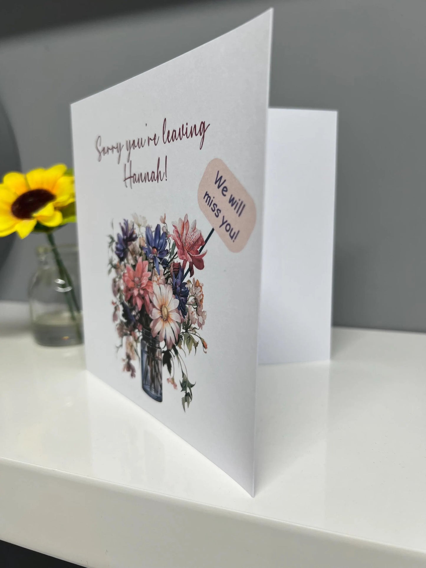 Sorry you are leaving card. Good luck card. Congratulations card. We will miss you card. All the best card. vase of flowers card foiled card