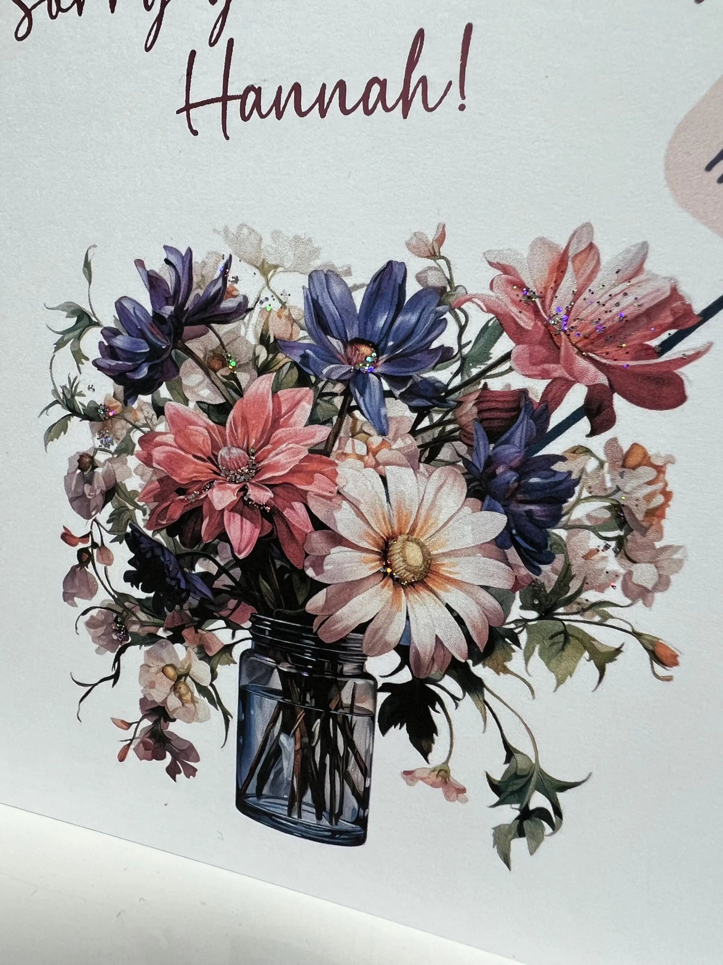 Sorry you are leaving card. Good luck card. Congratulations card. We will miss you card. All the best card. vase of flowers card foiled card