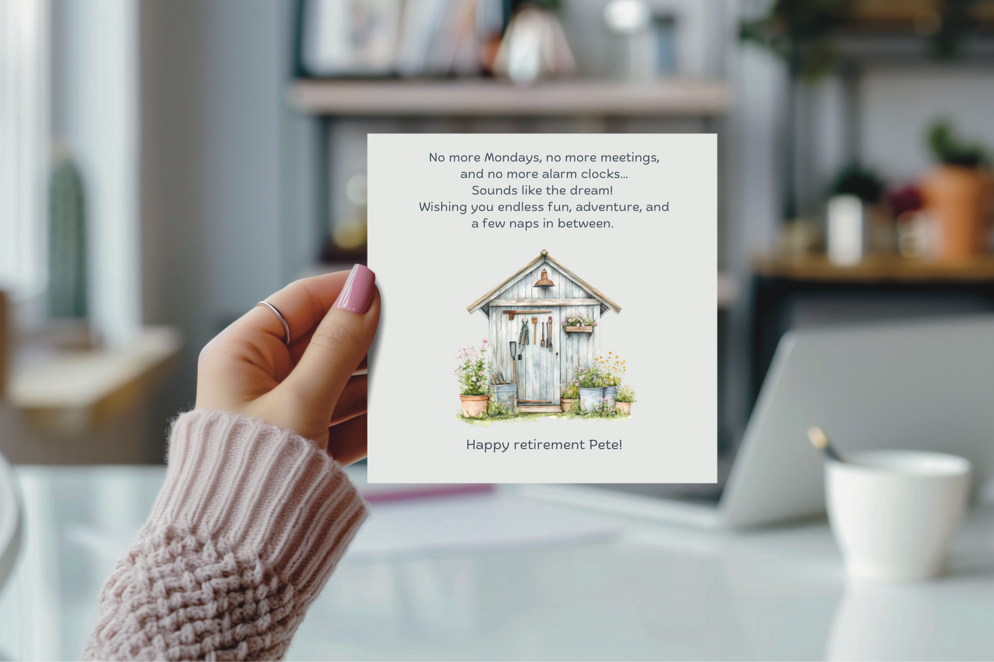 Personalised retirement card - shed and gardening. No more Mondays!