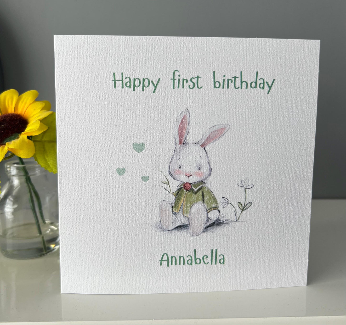Bunny rabbit birthday card, first birthday card, cute card for any age. Watercolour rabbit card
