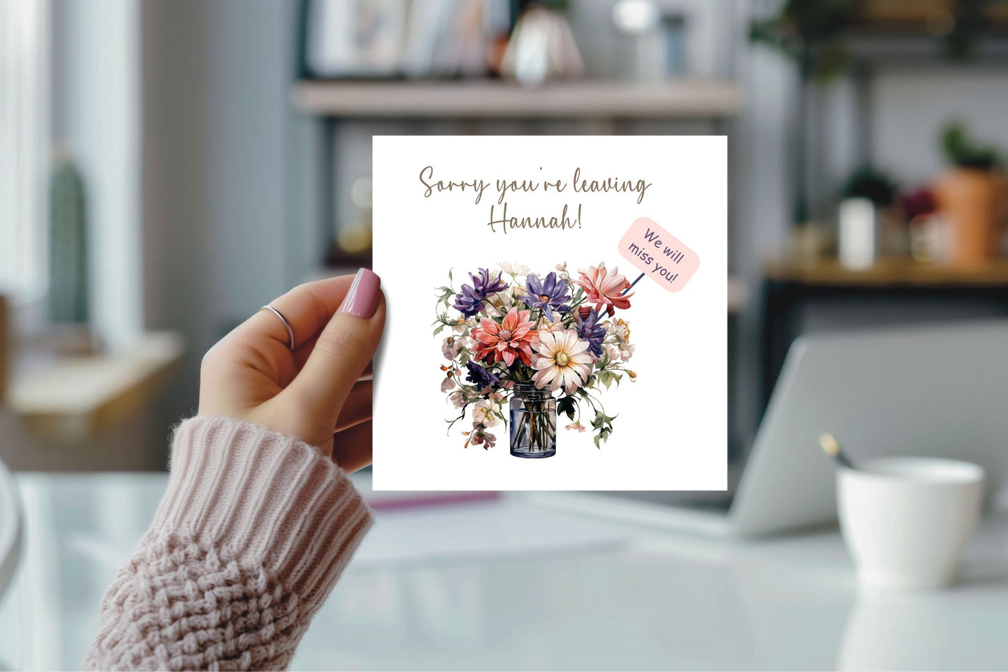 Sorry you are leaving card. Good luck card. Congratulations card. We will miss you card. All the best card. vase of flowers card foiled card
