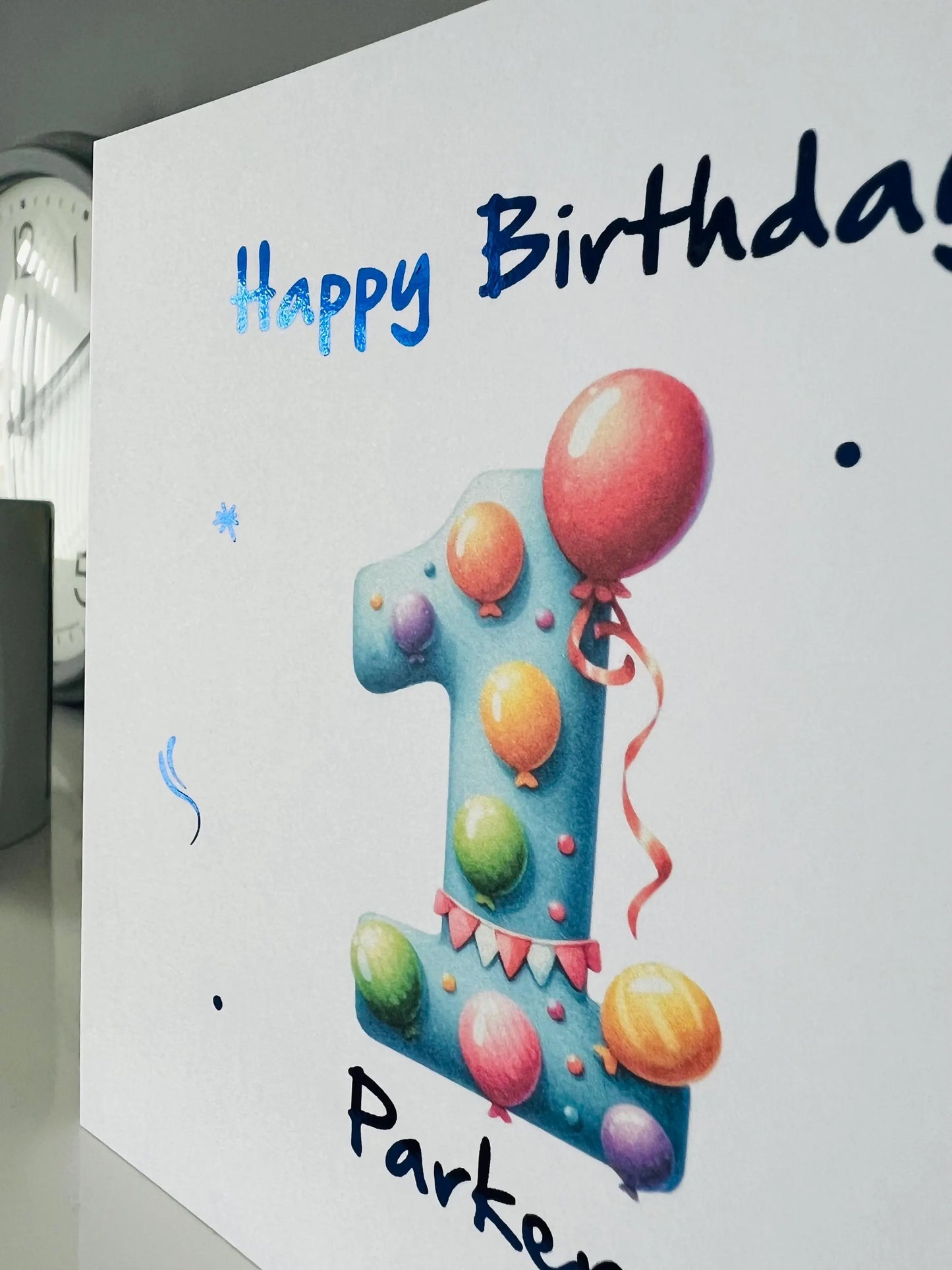 Children's foiled birthday card. Happy 1st birthday card.