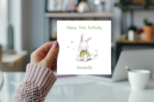 Bunny rabbit birthday card, first birthday card, cute card for any age. Watercolour rabbit card